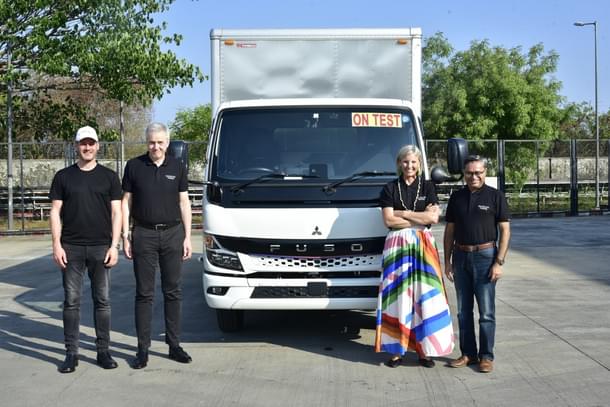 Daimler Global Truck Technology Head Andreas Gorbach, Daimler Truck Asia Head Karl Deppen, Mercedes-Benz Trucks CEO Karin Radstrom with Daimler India Commercial Vehicles Managing Director & CEO Satyakam Arya with the third generation FUSO eCanter in Oragadam.