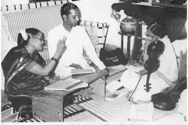 Kadayanallur Venkataraman (centre) and MS Subbulakshmi (left)