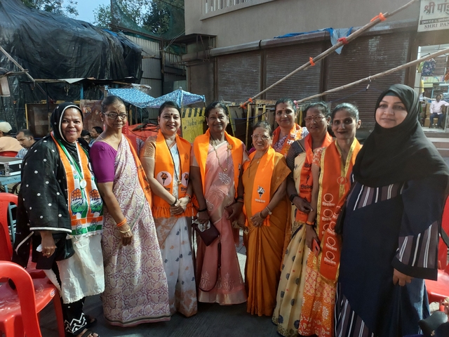 Cadre of the Shiv Sena UBT and the Congress at a rally held in support of Shiv Sena UBT candidate Arvind Sawant