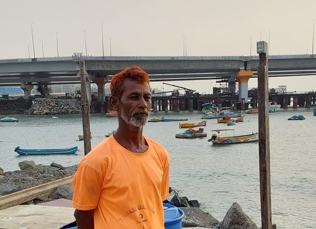 Wajid Shaikh, a fisherman at the Lotus Jetty near Worli. Shaikh has been rendered homeless, as he is unable to afford room rent. This is because of the depleting catch from the sea owing to the Coastal Road Project.