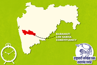 Baramati Lok Sabha constituency highlighted in red in a map outline of Maharashtra. On the left, Ajit Pawar-led NCP's symbol- 'the ticking clock.' On the right, Sharad Pawar-led NCP-SP's polling symbols- 'the man blowing turra.'