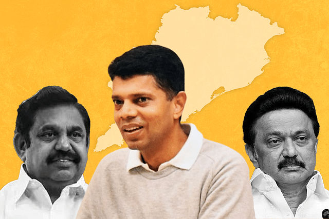 V K Pandian (C), Edappadi Palaniswami (L) and M K Stalin (R)