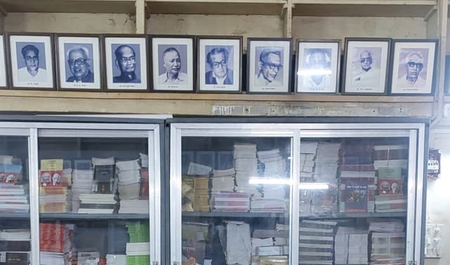 Portraits of the now-deceased CPI(M) leaders from the yesteryears, along with cupboards containing party literature in CPI(M)'s Mumbai office