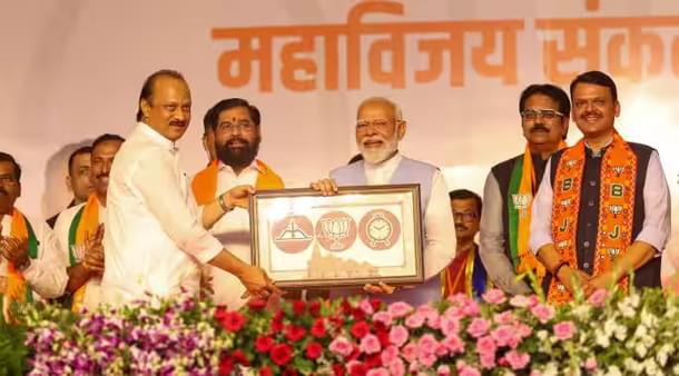 PM Modi with Maharashtra CM Eknath Shinde, and Deputy CMs Devendra Fadnavis and Ajit Pawar