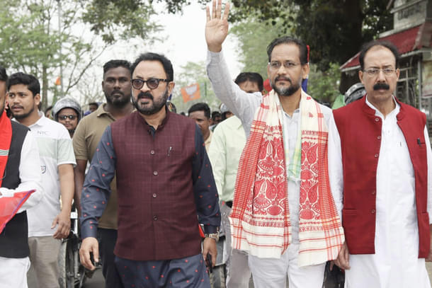 AGP-BJP candidate Zabed Islam (centre) campaigning in Dhubri