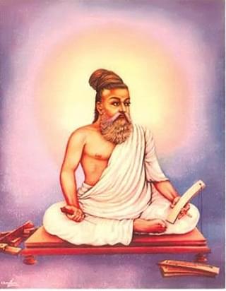 A picture of Thiruvalluvar in white robes without the vibhuti marks