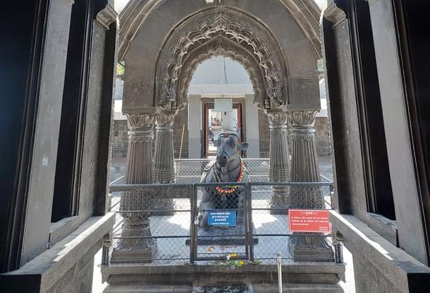 A view of the Nandi and the temple gate from the Sabha Mandap.