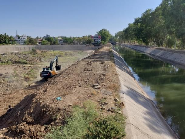 An under-construction water storage tank along the banks of the Nira Left Bank Canal outside the Baramati town.