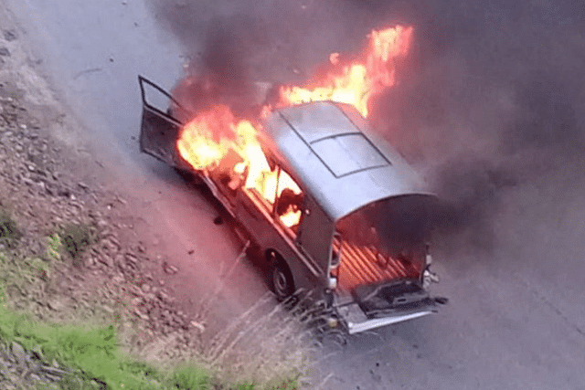 Pakistani rangers vehicles were set on fire by the protesters