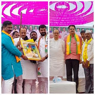 On the left, NCP chief Ajit Pawar being felicited by youth from the Dhangar community. On the right, volunteers from the Koli Mahasangha posing with Ajit Pawar and BJP leader Harshwardhan Patil for a photograph.