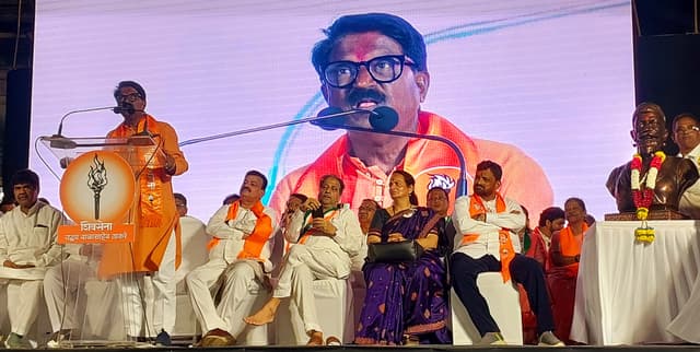 Shiv Sena UBT candidate for Mumbai South Lok Sabha seat and sitting MP Arvind Sawant at a rally