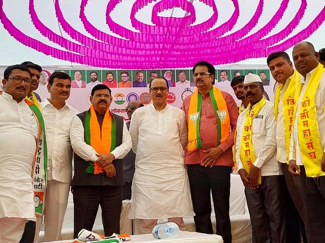 Ajit Pawar, NCP chief and husband of Baramati Lok Sabha candidate Sunetra Pawar (in the middle) with the BJP leader and former Congress Legislator from Indapur Harshwardhan Patil (to Ajit Pawar's left) and Dattatray Bharne, present NCP Legislator from Indapur (second on Ajit Pawar's right).