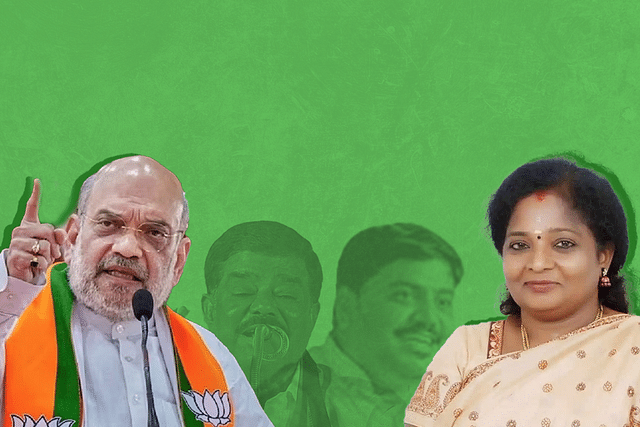 Amit Shah and Tamilisai Soundararajan (foreground); DMK's Sivaji Krishnamurthy and Saidai Sadiq (background)