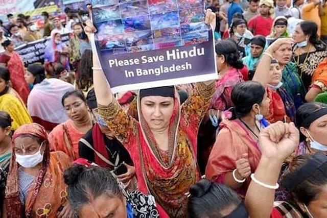 Hindus protest persecution in Bangladesh.