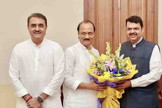 From left to right: Praful Patel (NCP), Ajit Pawar (NCP), Devendra Fadnavis (BJP)