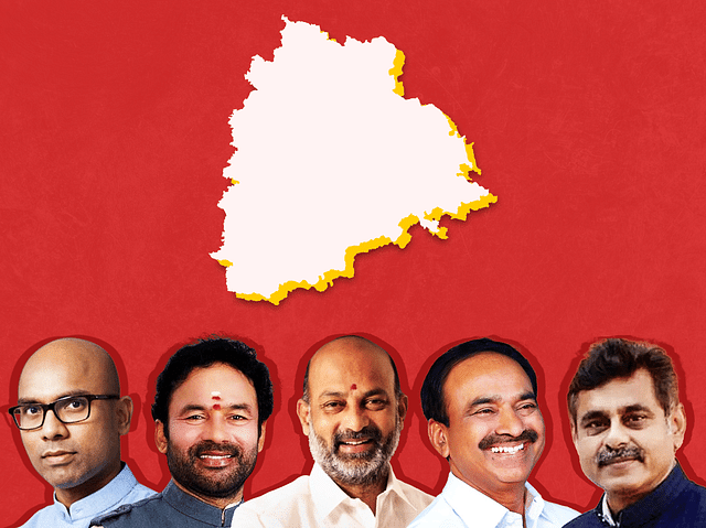 L to R: Arvind Dharmapuri, Kishan Reddy, Bandi Sanjay Kumar, Etela Rajender and K Vishweshwar Reddy. 