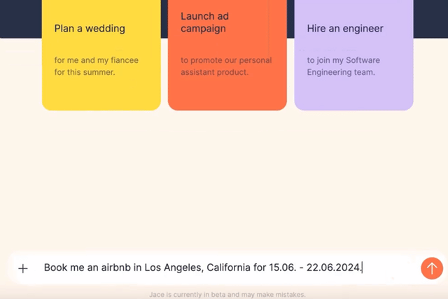 Jace AI can make an Airbnb reservation with a simple prompt.