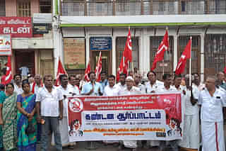 A CPI(M) office in Tirunelveli was attacked for supporting an inter-caste marriage. A party demonstration against the attack. (Photo via X)