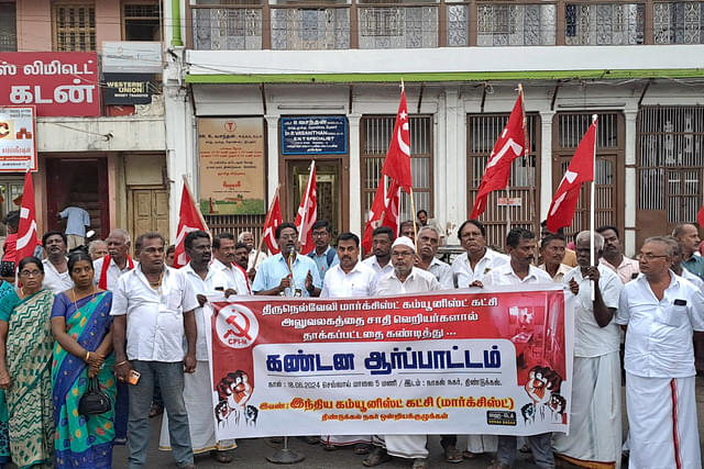 A CPI(M) office in Tirunelveli was attacked for supporting an inter-caste marriage. A party demonstration against the attack. (Photo via X)