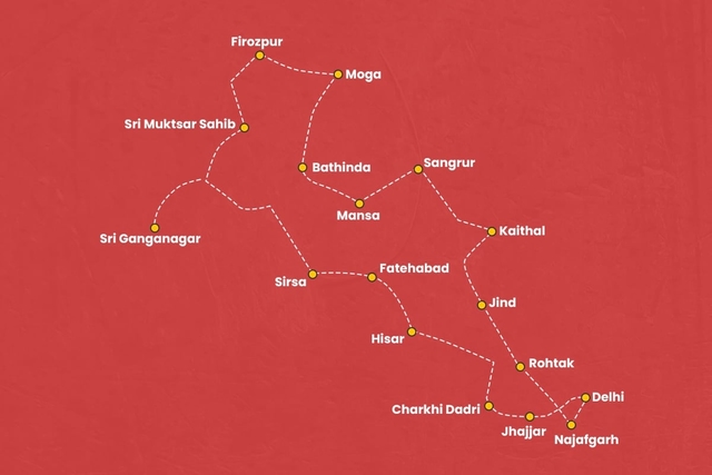 The route for the six-day journey across Haryana, Rajasthan, and Punjab.