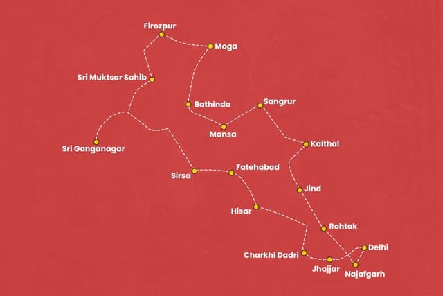 The route for the six-day journey across Haryana, Rajasthan, and Punjab.