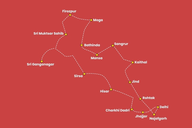 The route for the six-day journey across Haryana, Rajasthan, and Punjab.