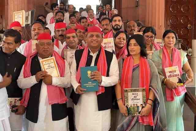 Akhilesh Yadav with Samajwadi Party MPs in parliament