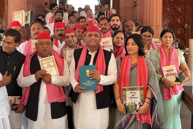 Akhilesh Yadav with Samajwadi Party MPs in parliament