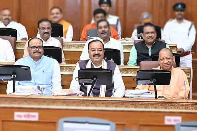 R to L: CM Yogi Adityanath, Deputy CMs Keshav Prasad Maurya and Brajesh Pathak in Uttar Pradesh legislative assembly