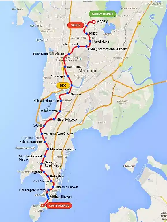 Metro 3 alignment, along with the key roads, and suburban rail alignments in Mumbai.