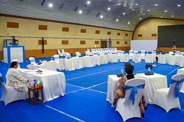 Bengal Chief Minister Mamata Banerjee and junior health minister Chandrima Bhattacharjee (right with her back to the camera) waiting for junior doctors at the conference hall in Nabanna.