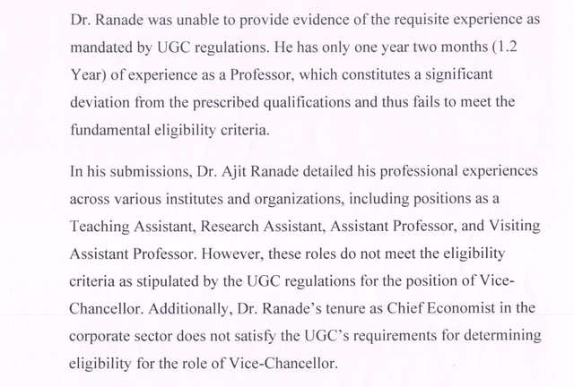 FFC on Ajit Ranade's qualifications vis a vis UGC requirements.