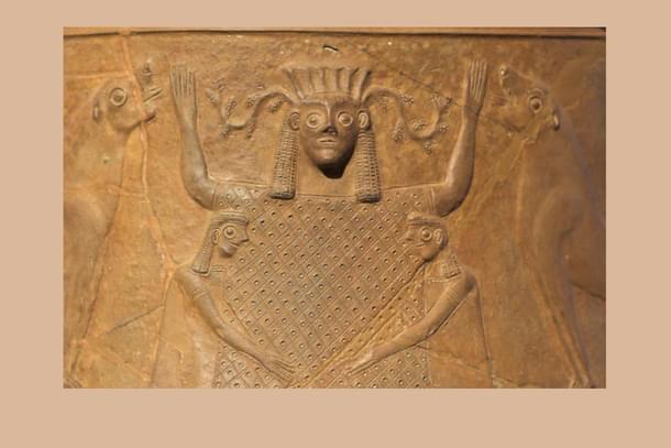 Pithos from Thebes featuring nature goddess with children and wild animals. (5th century BCE)