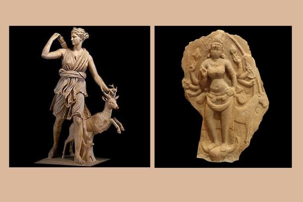 (Left) Artemis with Deer also known as Diana of Versailles - restored version (Right) Mahishasurmardini with deer (Madras Museum)