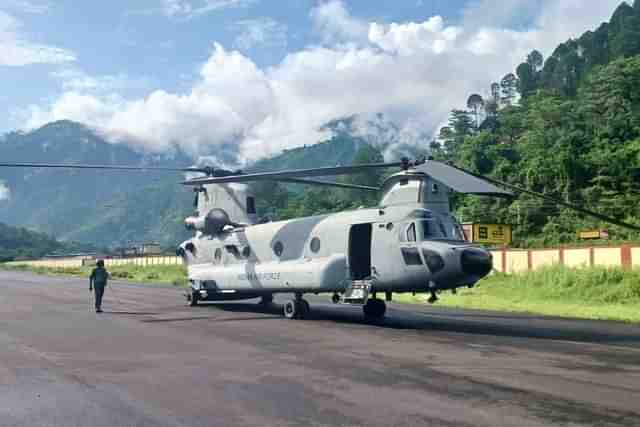 An IAF Chinook helicopter at Gauchar airstrip