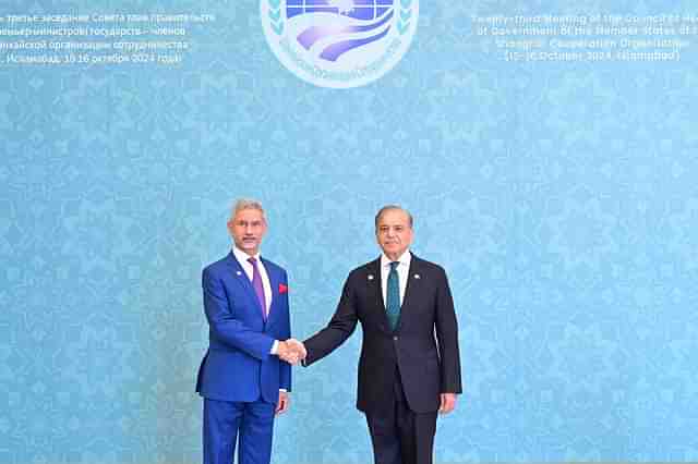 Indian External Affairs Minister S jaishankar with Pakistan Prime Minister Shehbaz Sharif at the 23 Meeting of the Council of Heads of Government of the Member States of the Shanghai Cooperation Organization