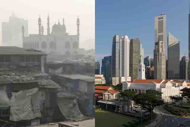 A slum near a mosque in India (L); Singapore skyline (R)