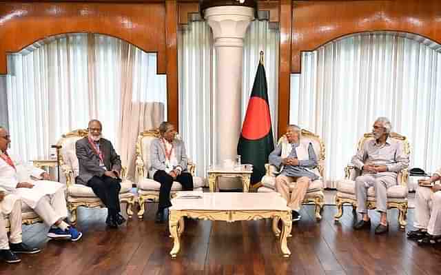 BNP delegation led by secretary general Fakrul Islam Alamgir (5th from right) with Mohammad Yunus (4th from right)