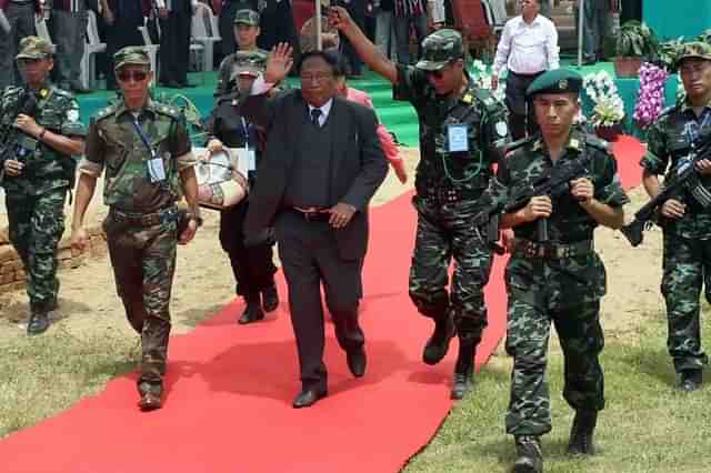 NSCN general secretary Thuingaleng Muivah (centre, in black suit) at an event at the NSCN camp in Nagaland's Dimapur  