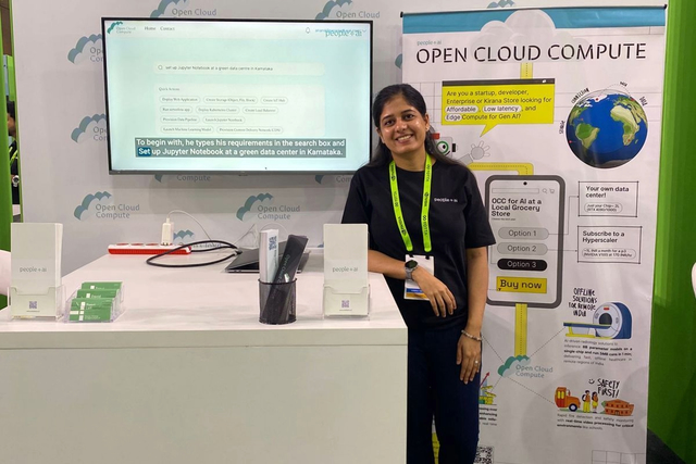 Tanvi Lall showcasing OCC at a booth at the NVIDIA AI Summit in Mumbai in October 2024