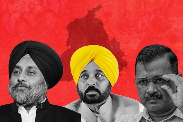 Sukhbir Singh Badal, Punjab CM Bhagwant Mann (centre) and Arvind Kejriwal (right)