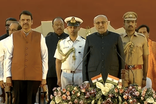 Maharashtra CM Fadnavis with Governor C P Rahdhakrishnan during the cabinet expansion