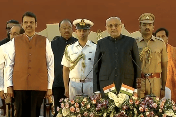 Maharashtra CM Fadnavis with Governor C P Rahdhakrishnan during the cabinet expansion