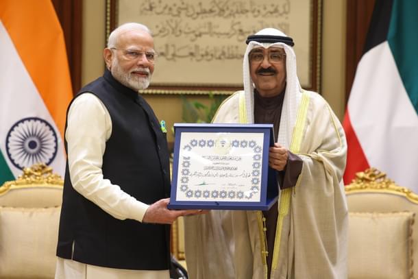 PM Modi recieving the honour from Kuwait Amir Sheikh Meshal Al-Ahmad Al-Jaber Al Sabah (Pic Via X)