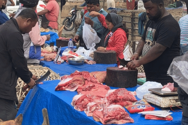 Pork being sold at a makeshift market near the Kamakhya Gate