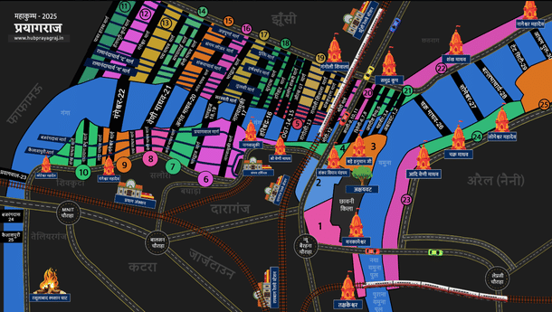 The mela map (hubprayagraj.in) (Open in new tab to enlarge)
