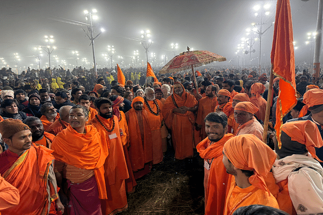 Sadhus making space for Acharya Mahamandaleshwar of an akhara to perform the first snan