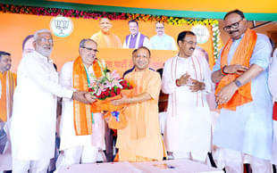 August 2022: Yogi Adityanath felicitating new president of UP BJP Bhupendra Chaudhary (second from left) (X)