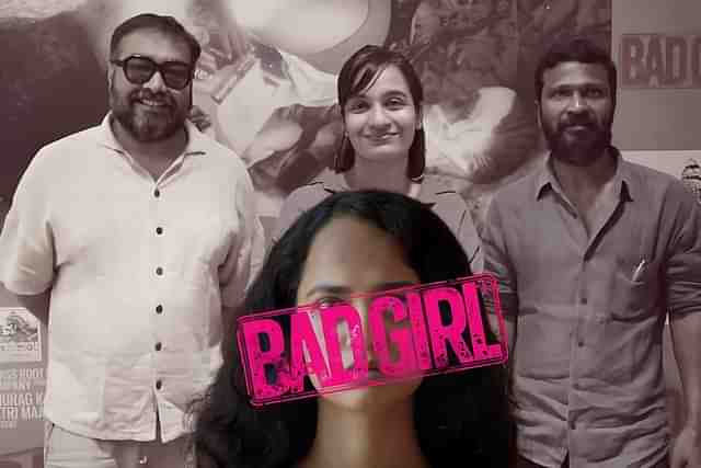 Varsha Bharath (director of Bad Girl) flanked by producers Anurag Kashyap and Vetrimaaran with lead actor Anjali Sivaraman in the foreground.