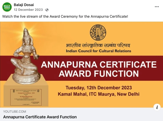 Annapurna Certificate Award Function stream on Balaji Dosai Facebook account. 